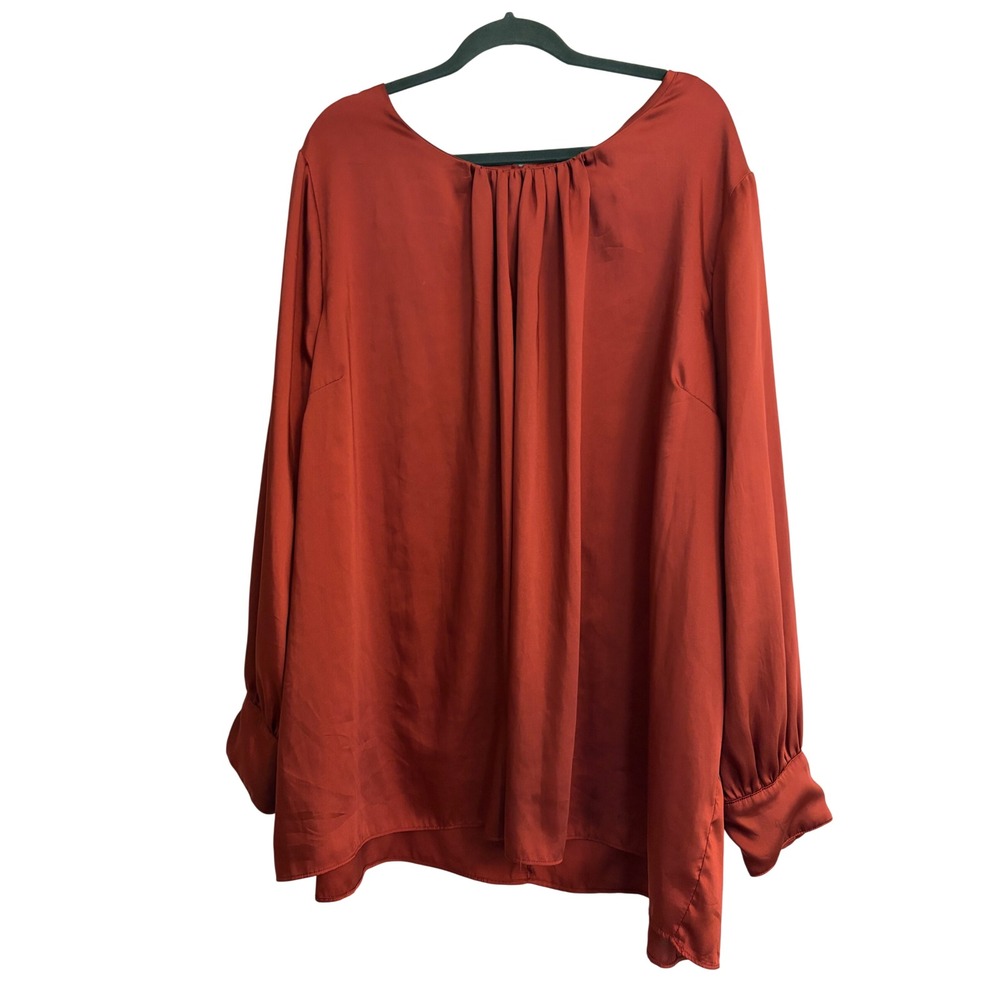 Lane Bryant Blouse 26 Rust Orange Satin, Pleated, Long Sleeve, Plus Size, Dressy